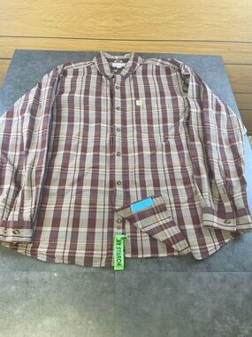 Carhartt Men’s Burgundy and Grey Plaid Heavy Starched Button-Down Shirt 2XL